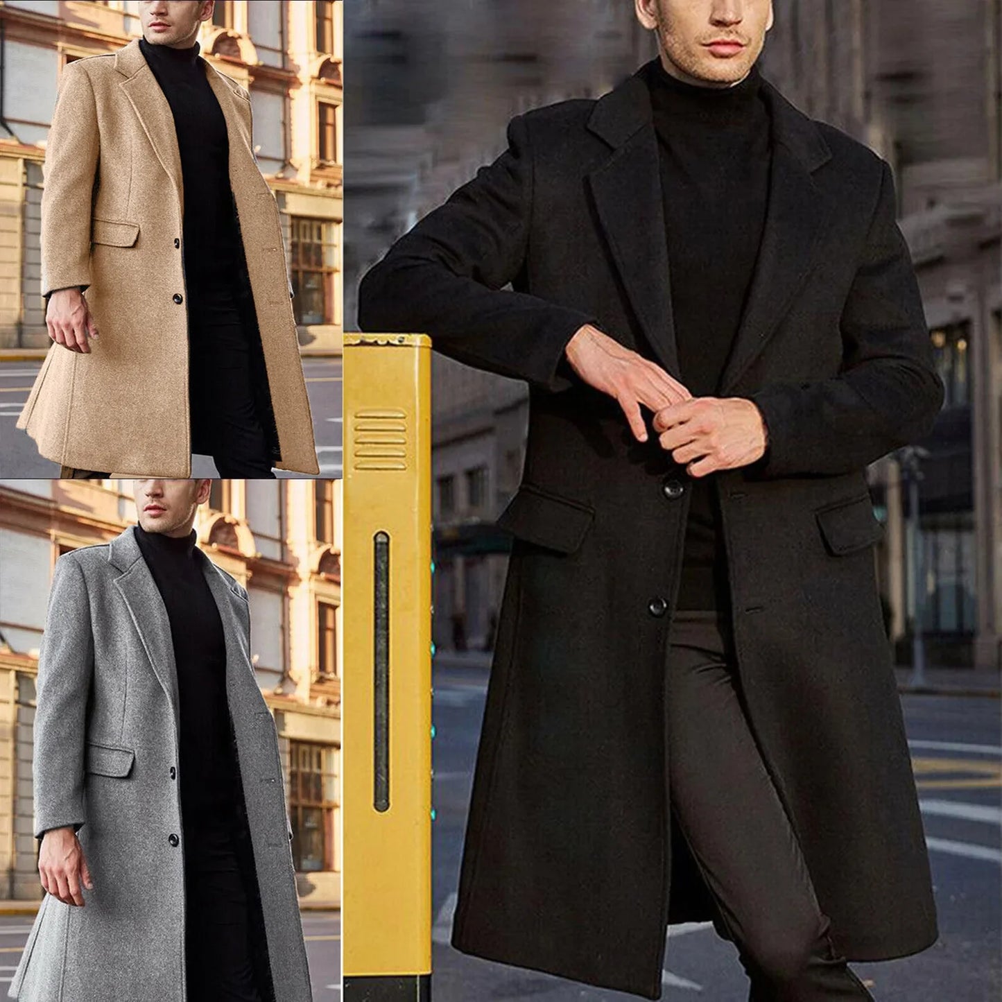 Autumn and Winter Casual Men's Clothing, British Style Woolen Overcoat, Korean Style Solid Color Long Windbreaker