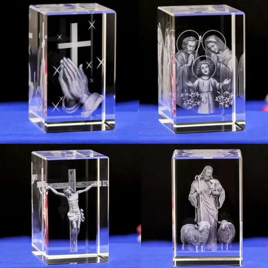 3D K9 Crystal Cube Christian Jesus Cross Figurine Home Decor Virgin Mary Laser Engrave Crystal Religious gifts for women's birth