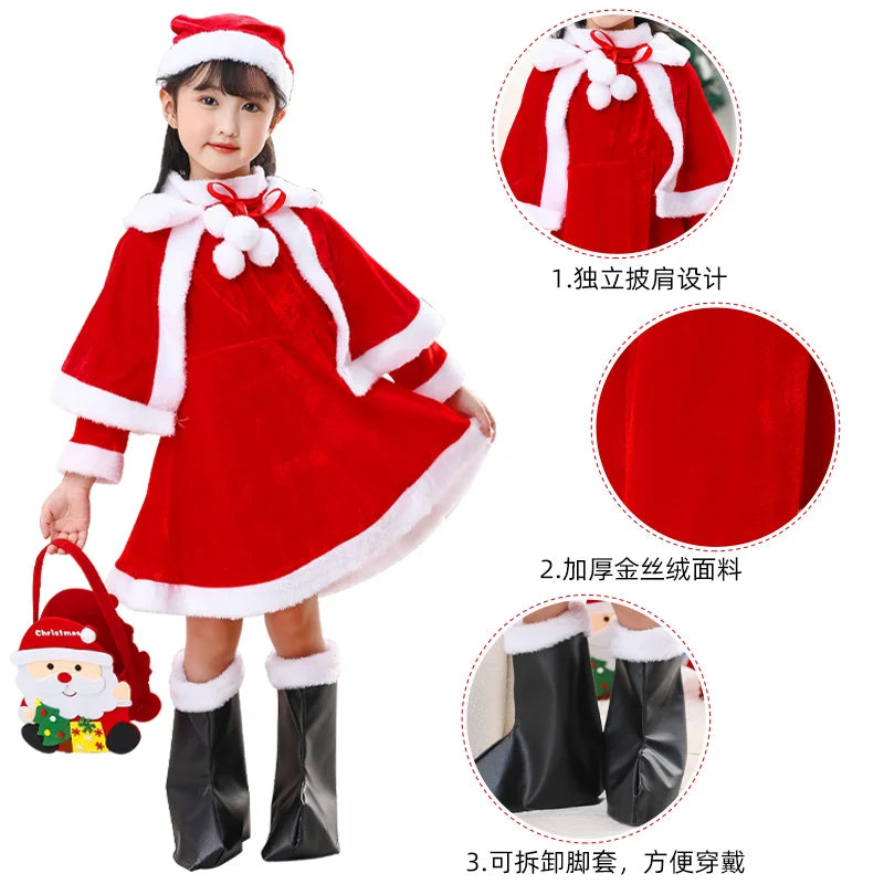 Christmas Costume boys and girls clothing, with girls shawls, boots, Christmas gift bags