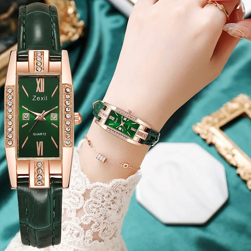 Women Fashion Quartz Watch Bracelet Set Green Dial Luxury Women Watches Simple Rose Gold Mesh Ladies Watch