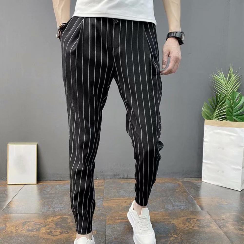 Men Harem Pants Striped Drawstring Elastic Waist Slim Fit Streetwear