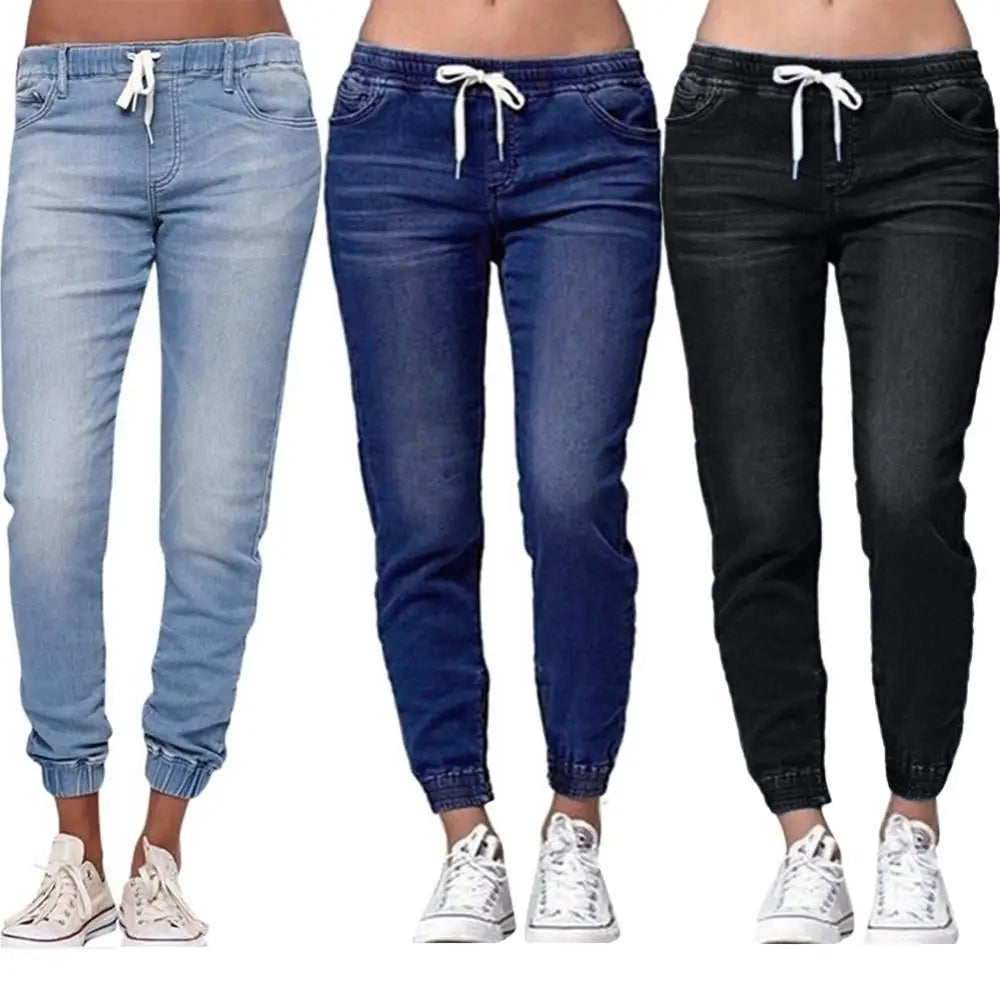 Loose Drawstring Women Jeans Elastic Waist Pants Denim Plus Size Casual Long