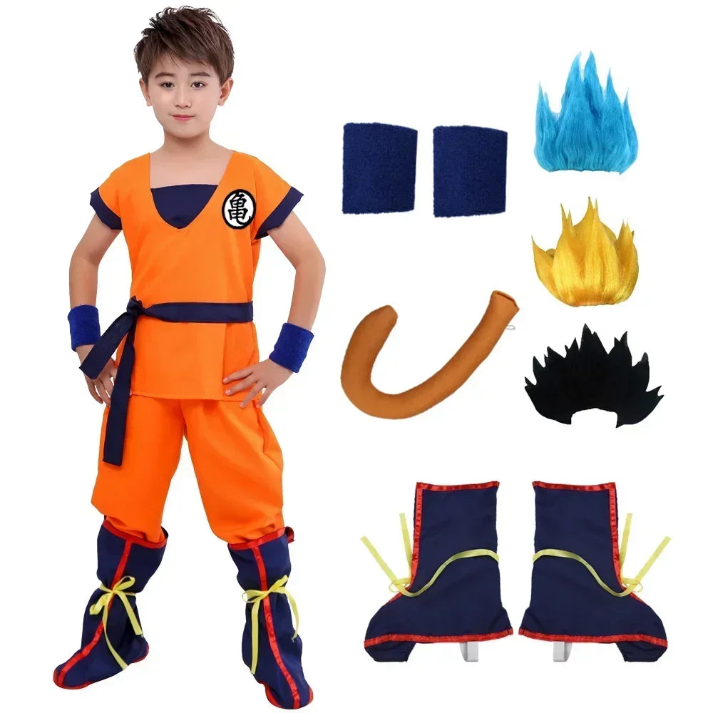 Son Goku Gui Carnival Anime Cosplay Holiday Costumes Tail  Wrister Wig Blue Gold Children Dress Up