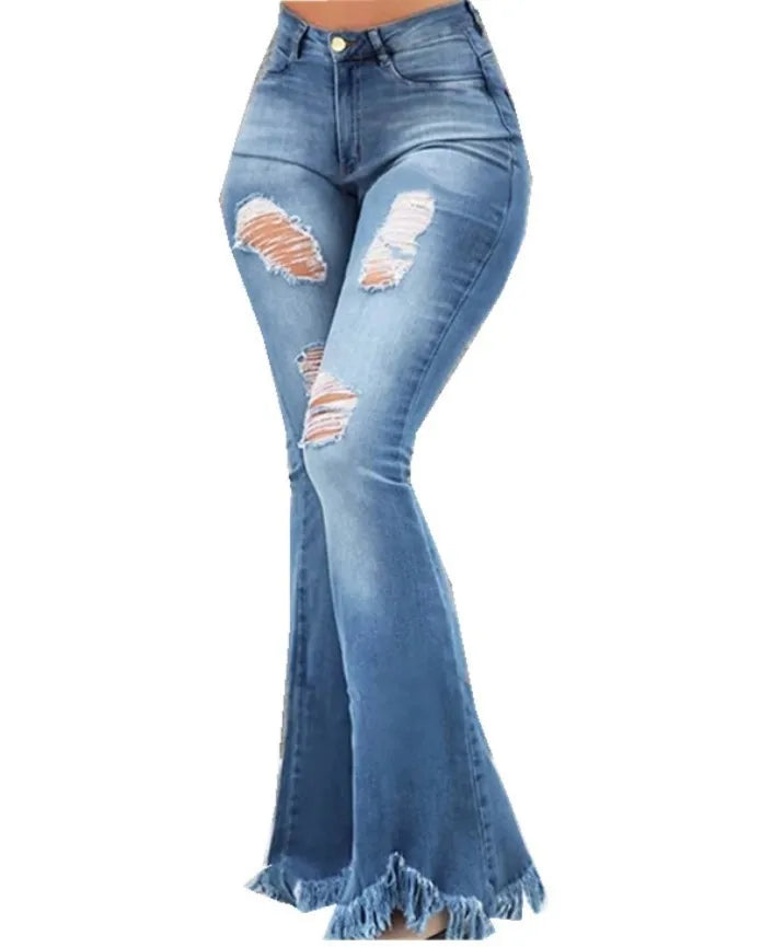 Ripped Jean Distressed Flare Full Length Women Denim Pants Hole Pockets High Waist