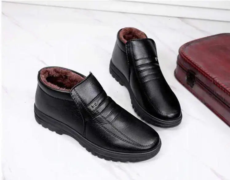 Waterproof Men's Casual Leather Shoes Flannel High Top Slip-on Male Casual Shoes Rubber Warm Winter Shoes for Mens