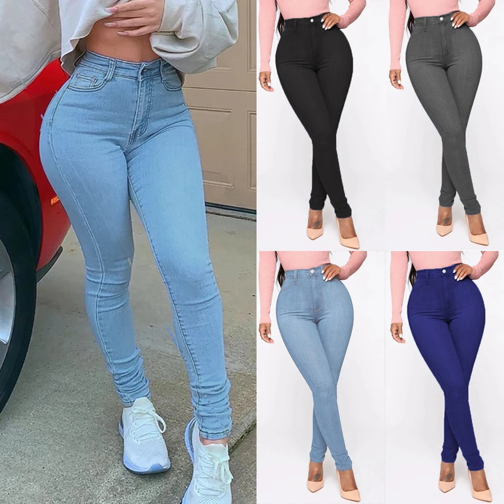 High Waist Women's Jeans Pants Stretch Skinny Denim Pants Blue Retro Elastic Slim Pencil Trousers