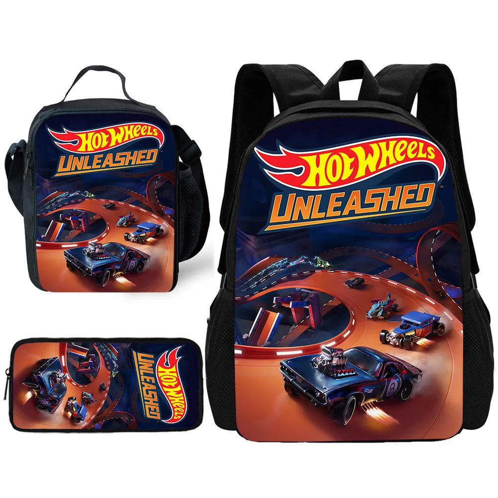 Hot Wheels Cars Child School Backpack with Lunch Bags ,Pencil Bags ,School Bags for Boys Girls Best Gift