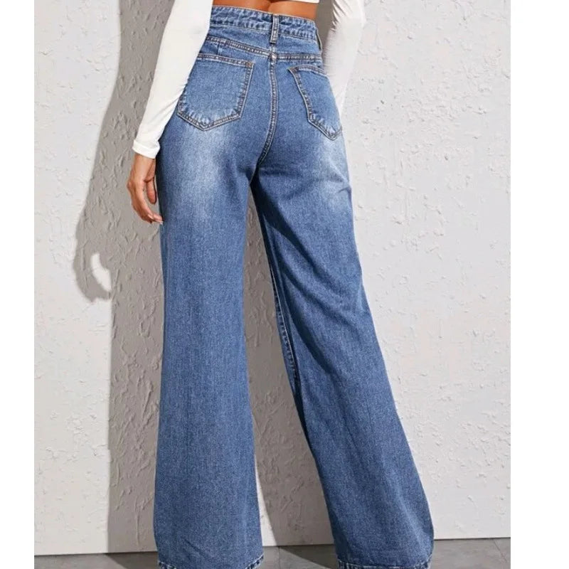 Blue Jeans for Women Wide Leg Pants Denim Trousers High Waist Y2k Loose Elegant Trouser