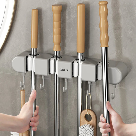 Mop Holder Broom Stand Wall Mounted Mop Support Sweeping Brush Hook Self-Adhesive Storage Organizer Bathroom Kitchen Accessories