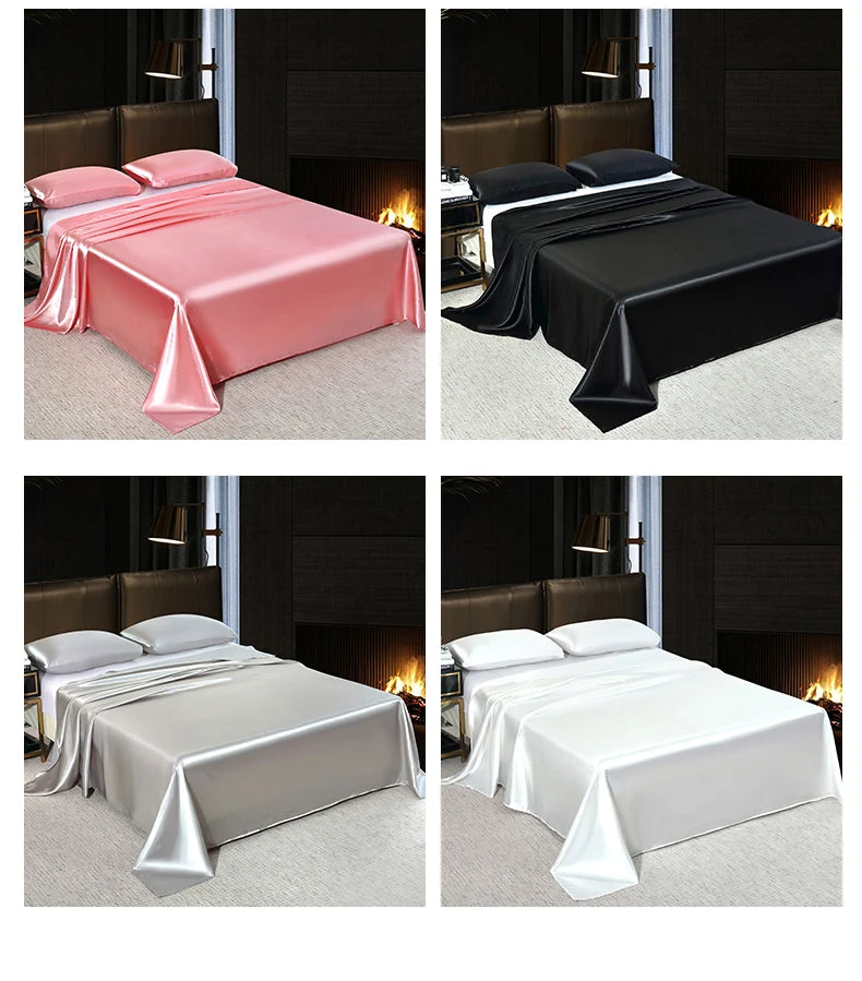 Luxury Satin Bedsheet Soft Comfortable Solid Color Flat Sheet Single Double Twin King Size Bedding Sheet