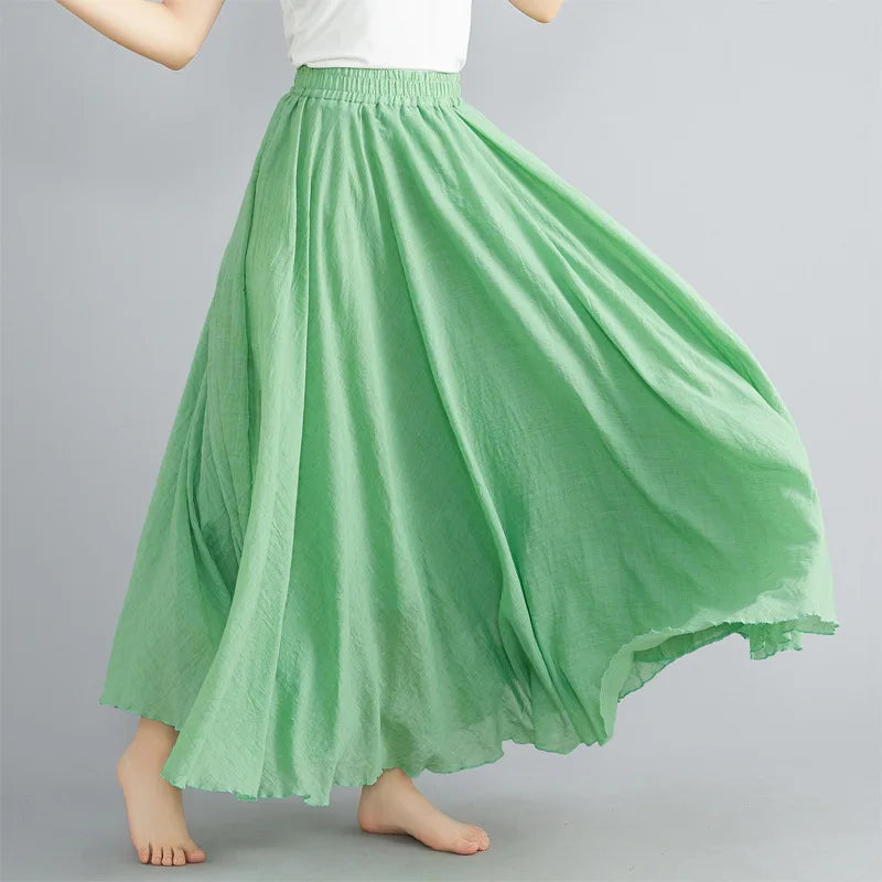 Women Linen Cotton Long Skirts Elastic Waist Pleated Maxi Skirts Beach Boho Vintage Summer Skirts