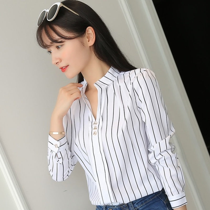 Women White Tops and Blouses Fashion Stripe Print Casual Long Sleeve Office Lady Work Shirts Female Slim Blouses