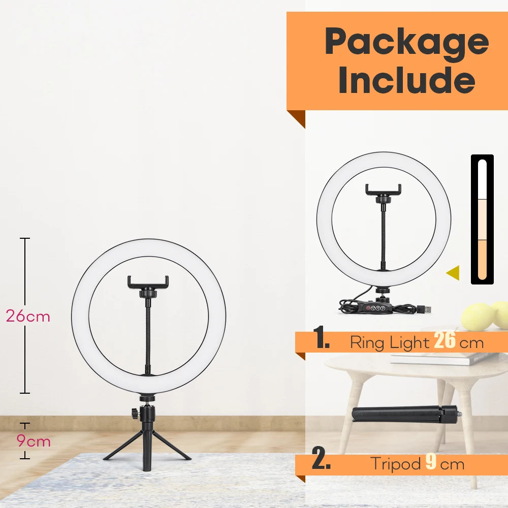 Tripod With LED Ring Light For Phone Tripod Camera Stand Selfie Photography Light LED Lamp Color Photo Studio For YouTube Live