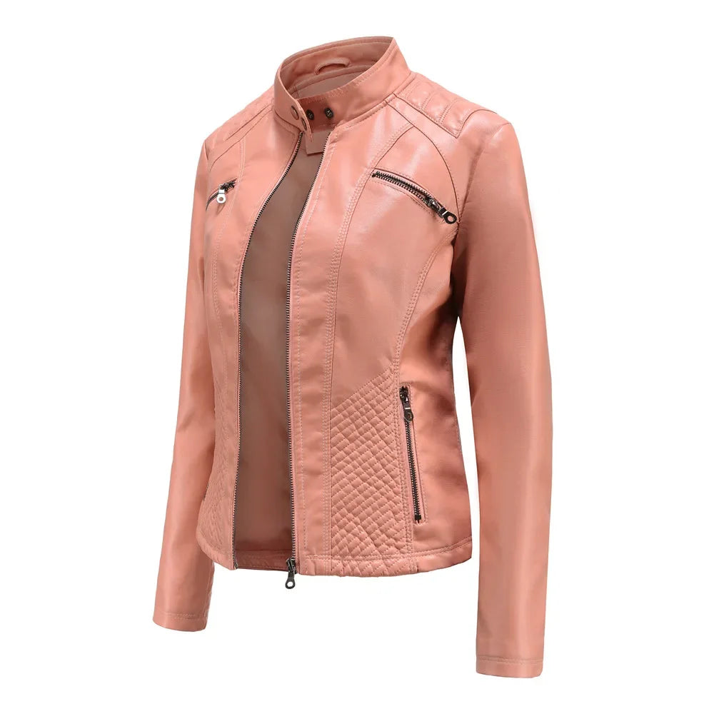 Women's Coat Fashion Trend Simple Analog Collar Zipper PU Leather Motorcycle Jacket for Women