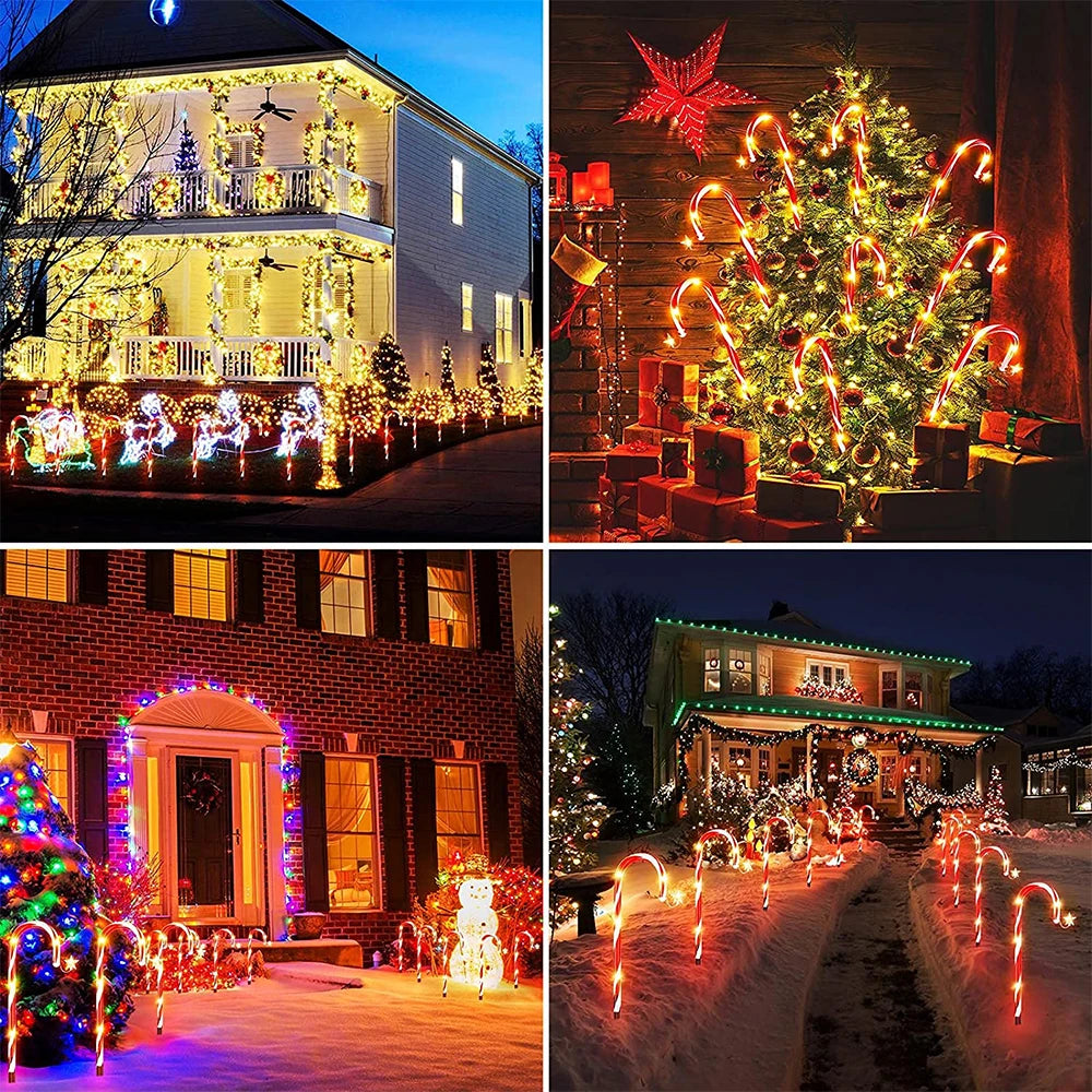 Outdoor Solar Power Light Christmas Candy Cane Lights LED Garden Ground Plug Crutch Lamp Festive Courtyard Decor Halloween Party