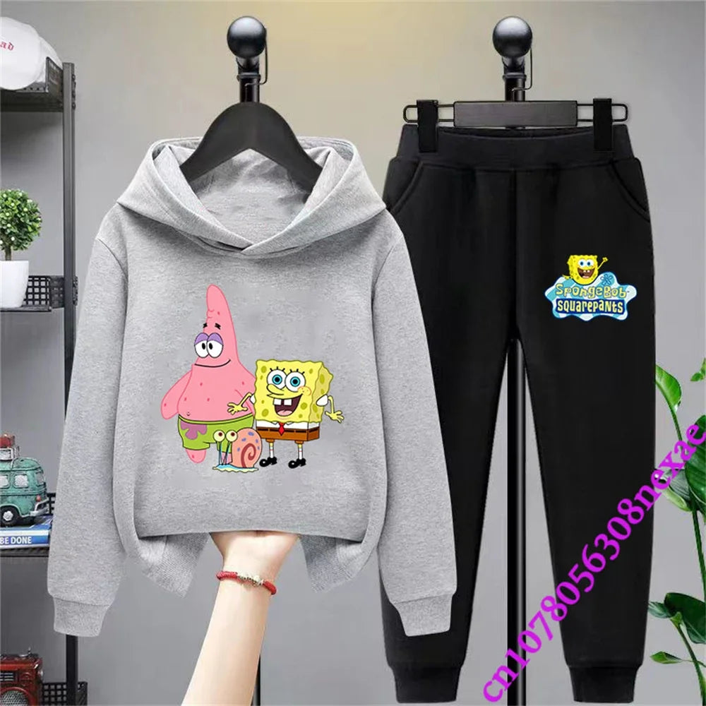 SpongeBob Spring And Autumn Children's Clothing Boys And Girls Sweater Suit 2 Pieces Cartoon Print Sweater Sportswear Trousers