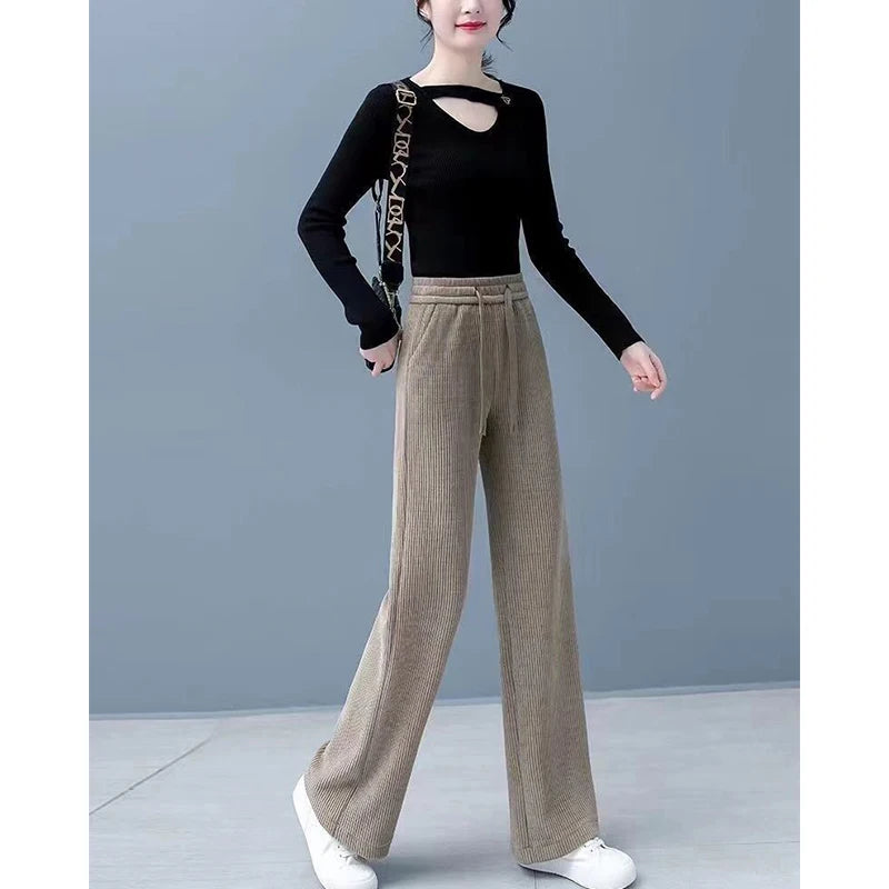 Elastic Waist Loose Casual Wide Leg Corduroy Pants Female Add Velvet Fashion All-match Trousers Women's Clothing