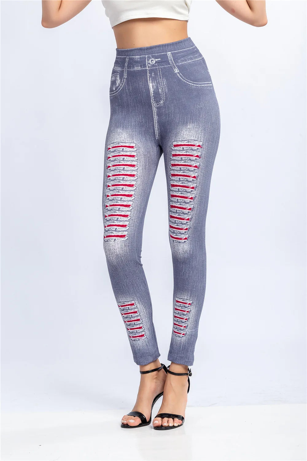 Fashion Stripe Printed Imitation Denim Leggings for Women's Elastic Slim Denim Trousers