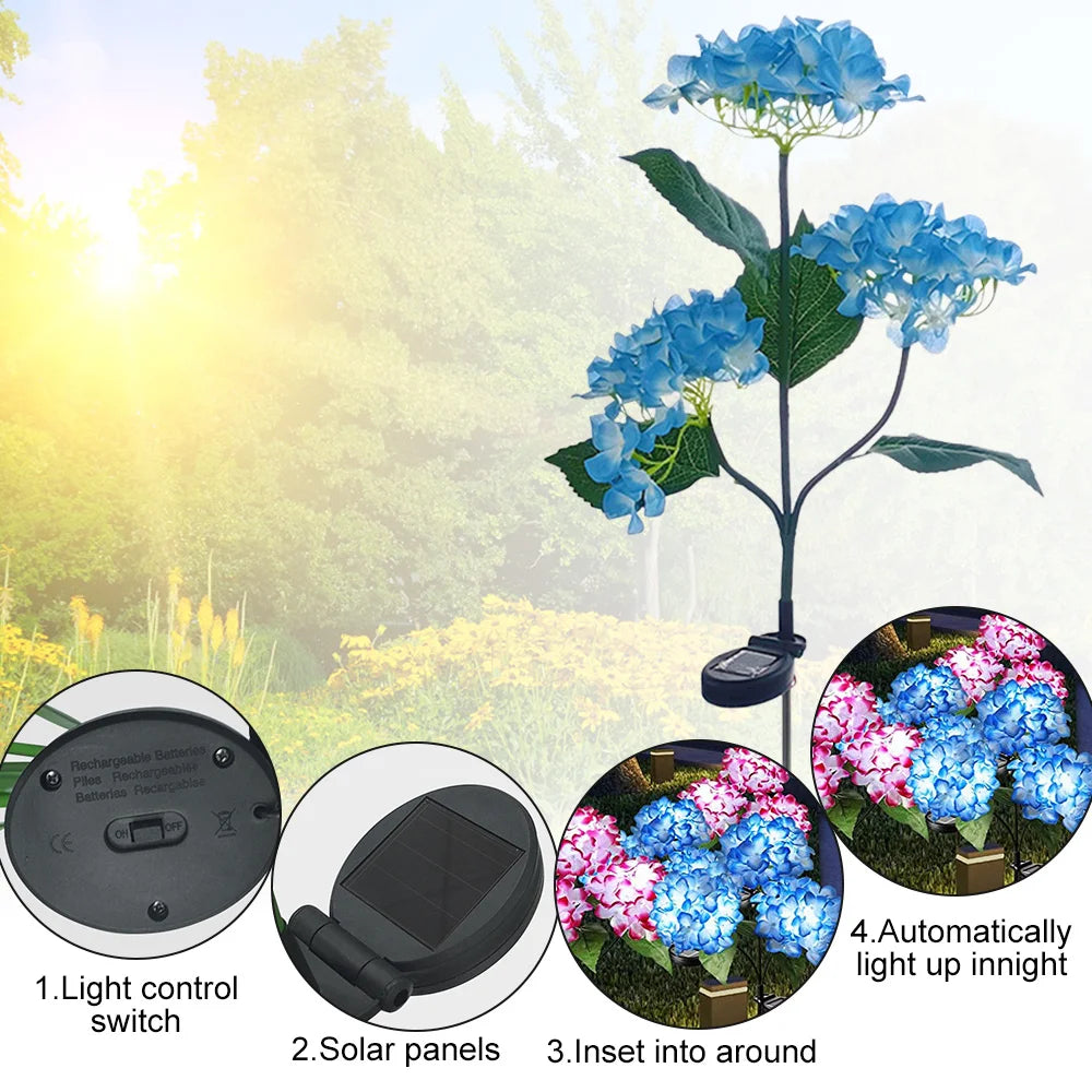 Hydrangea Rose Flower Solar LED Light Outdoor Waterproof Garden Light Simulation Flower Lamp Yard Landscape Lamp Patio Decor