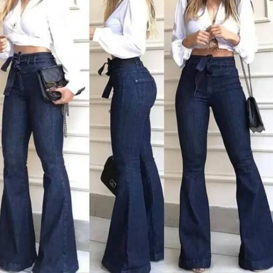 High Waist Flare Pants for Women's Zipper Fly Flat Pockets Streetwear Slim Patchwork Button Slight Strech Belt