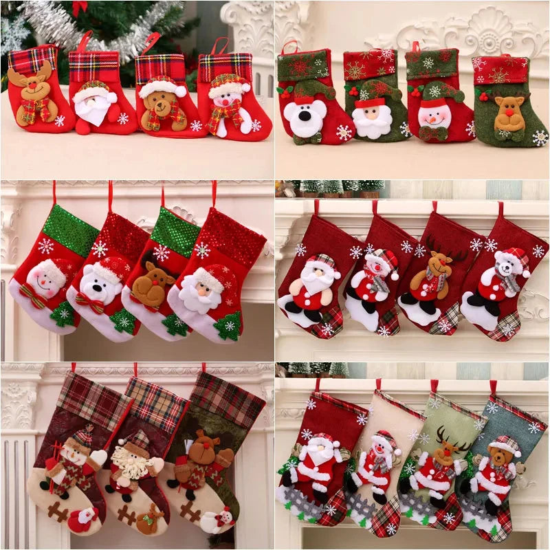 4 Christmas Stockings Socks Santa Snowman Hanging Xmas Tree Ornaments Christmas Decor for Home New Year Navidad Candy Gift Bags