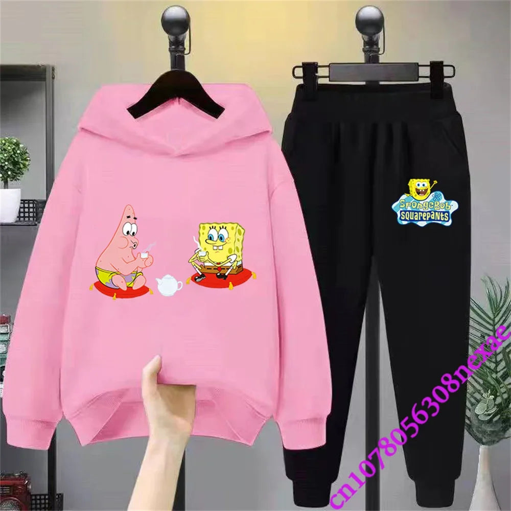 SpongeBob Children's Clothing Boys And Girls Sweater Suit 2 Pieces Cartoon Print Sweater Sportswear Trousers