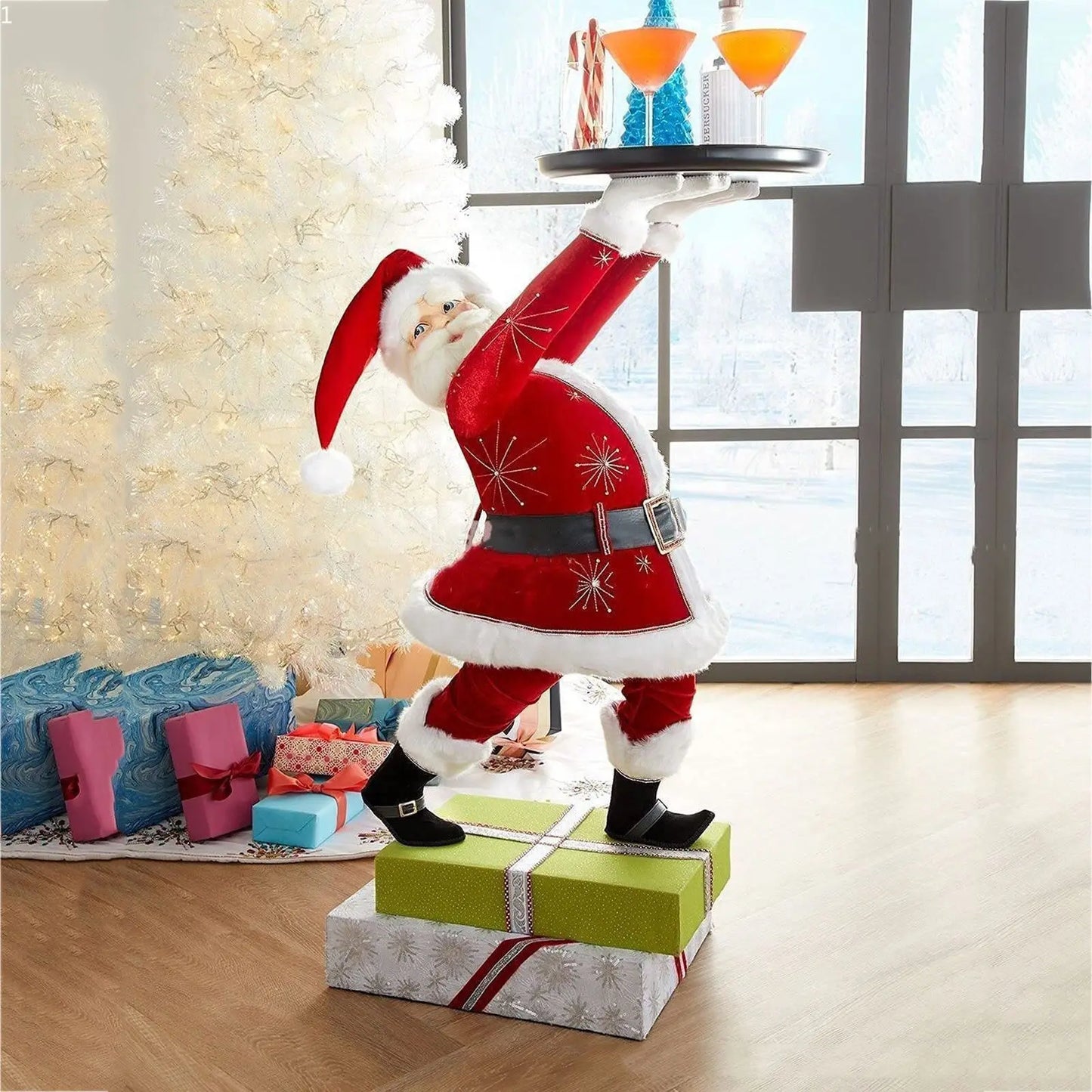 Resin Santa Claus Statues Holding Snack Tray Christmas Figurine with Treats Holder Cake Dessert Stand Fruit Plate for Xmas Party