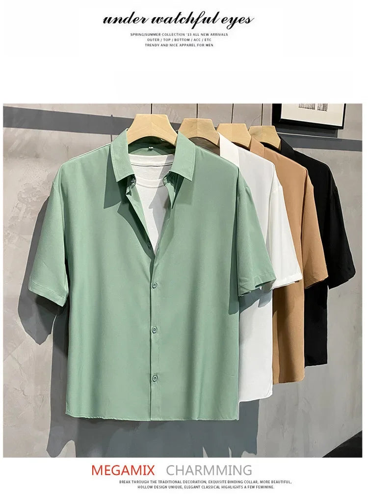 Elegant Vintage Draped Green White Shirt Men Women's Short Sleeves Casual No Ironing Required