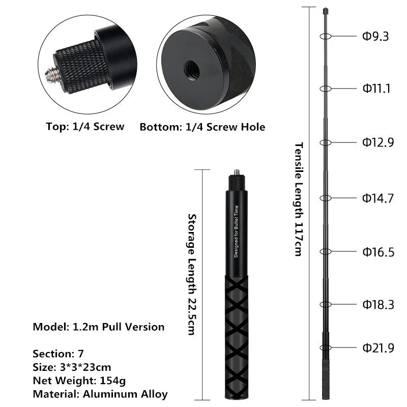 Selfie Stick Monopod Extensible Rod Wand Pole Aluminum Fiber Invisible For Insta360 X4 X3 GoPro 12 11 10 9 8 DJI