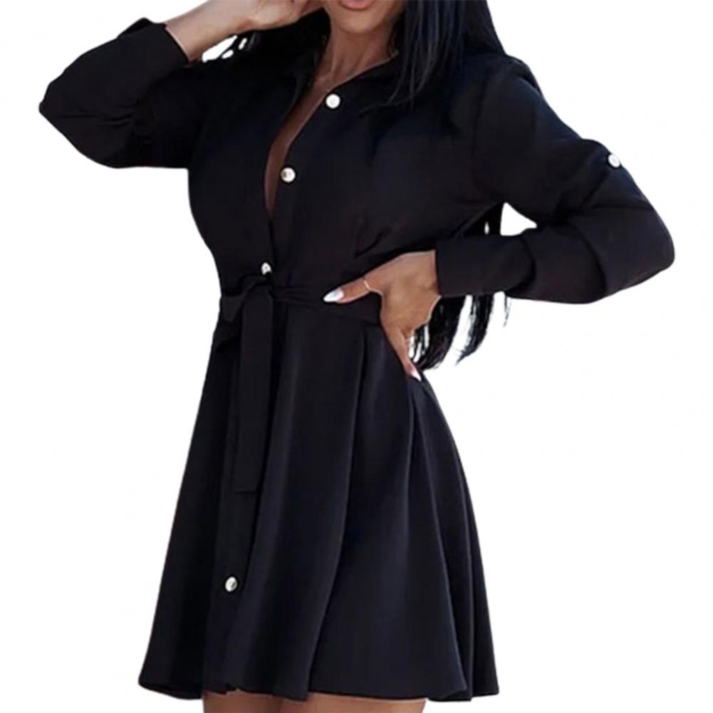 Elegant White Mini Shirt Dress Woman Autumn Long Sleeve Office Ladies Dresses Belt Casual Black Button Lace Up A-line Robe Femme