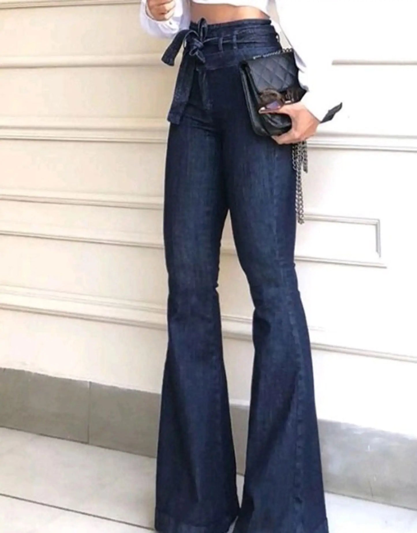 Women Jeans High Waist Flare Pants Zipper Fly Flat Pockets Streetwear Slim