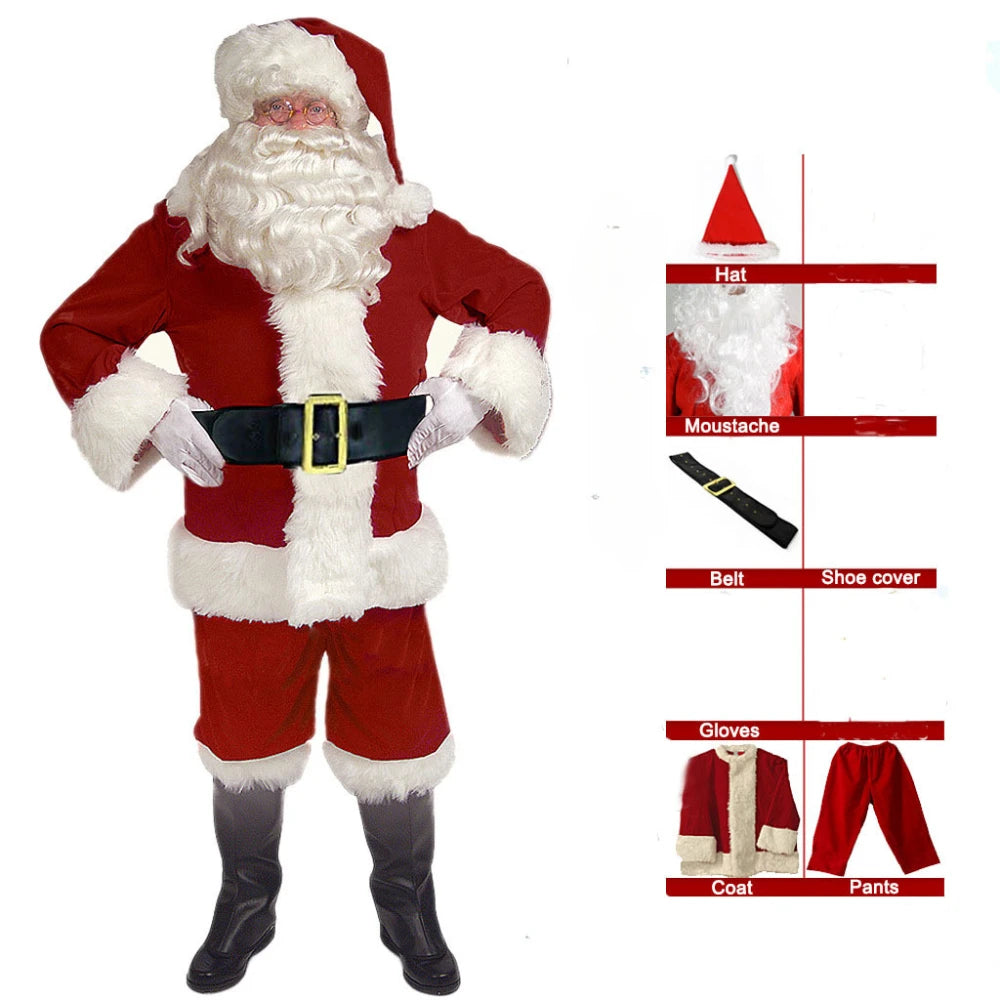 Santa Claus Costume Christmas New Year Men Costumes Red Deluxe Classic Adults Xmas Set Carnival Party