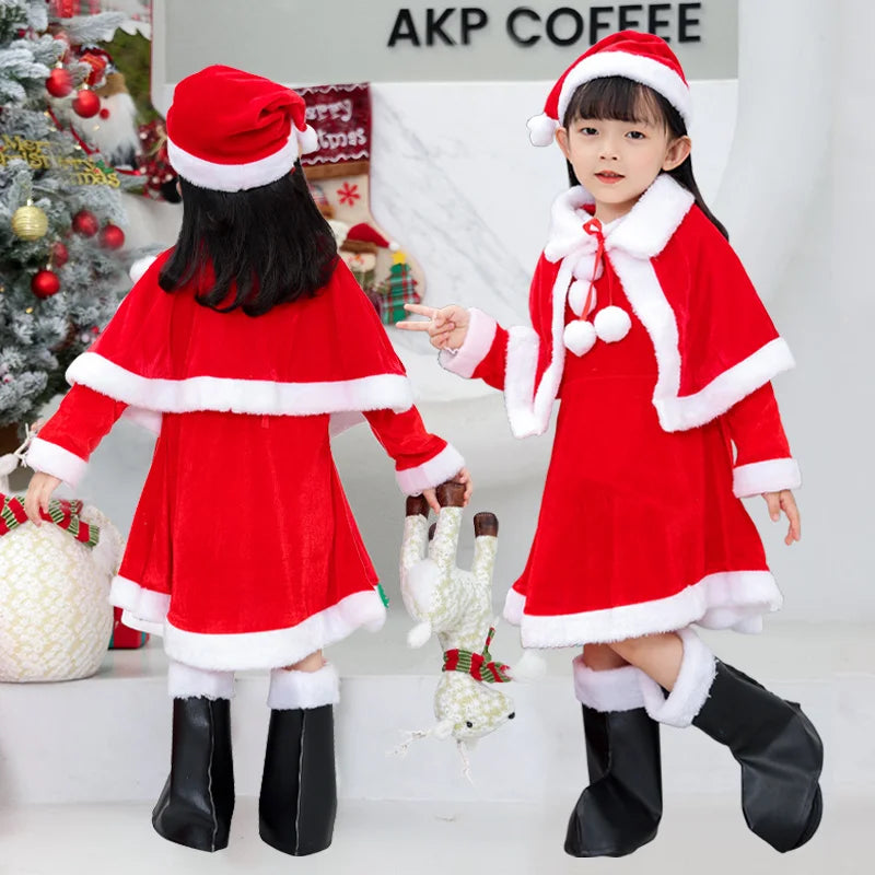 Christmas Costume boys and girls clothing, with girls shawls, boots, Christmas gift bags