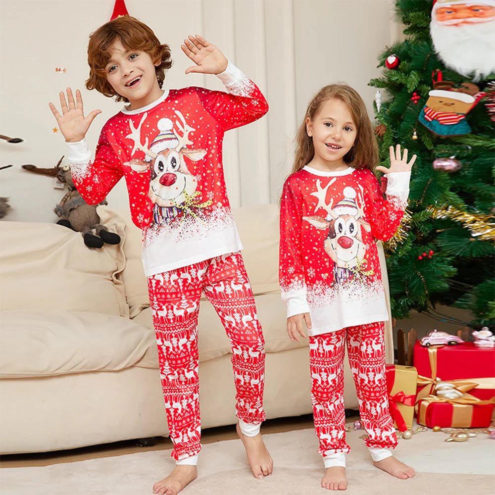 Xmas Pajamas for the Family Set Red Cartoon Elk Print Sleepwear