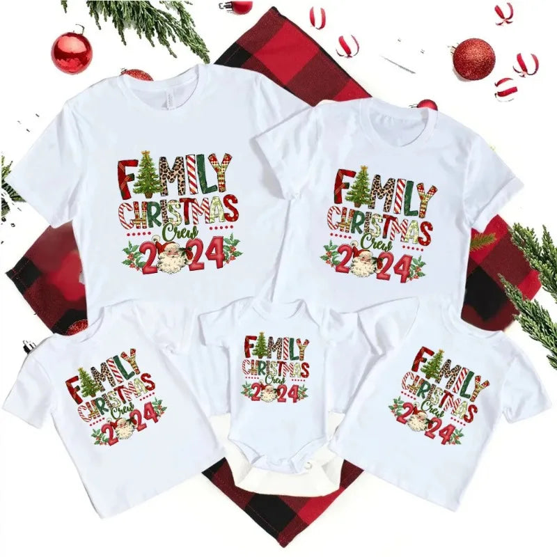 Christmas Day Set Family Christmas Crew Print Matching Outfits Short Sleeve Family Tees Shirt Outfit Holiday Casual Clothes