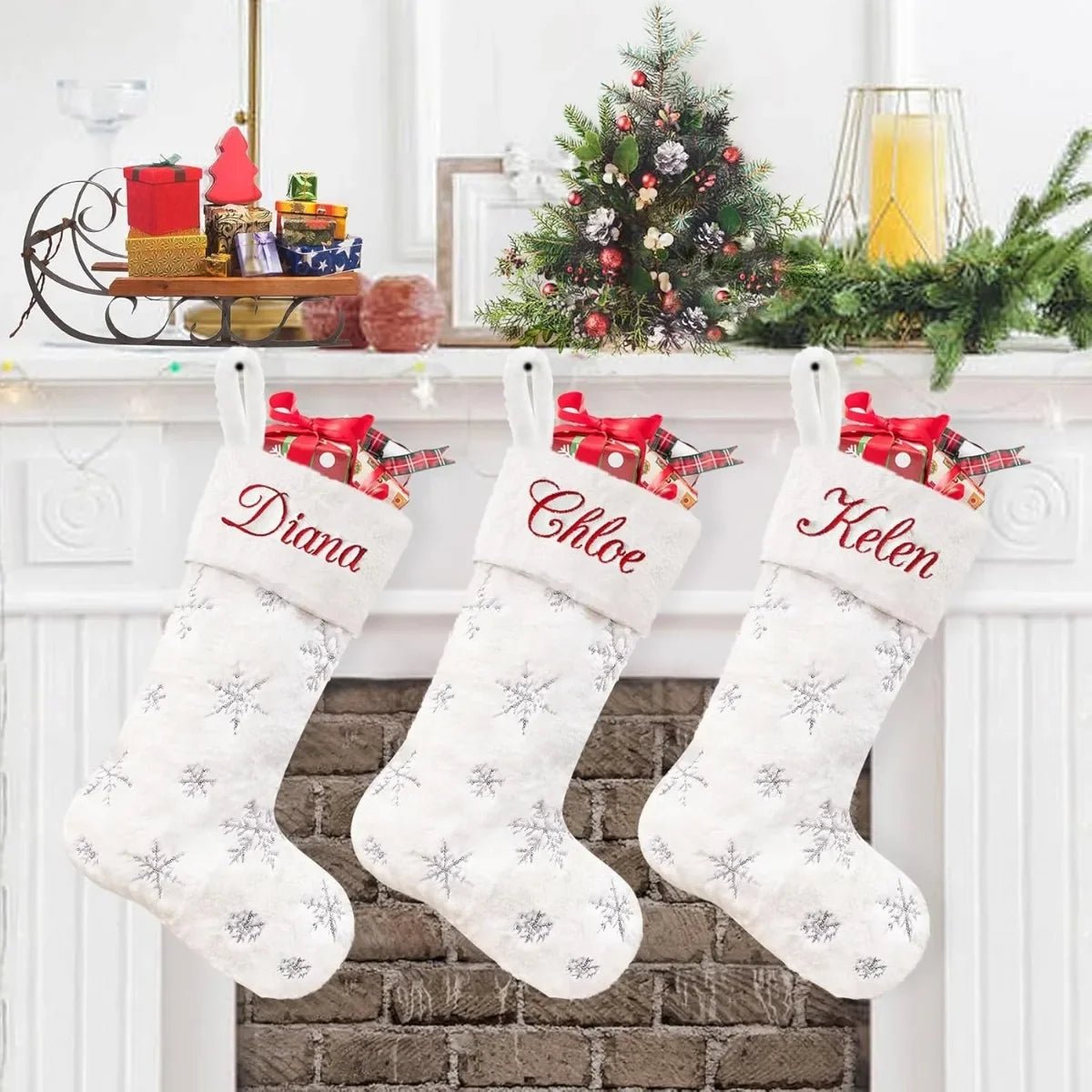 Personalized Christmas Stockings White Christmas Stockings for Family Kids  Xmas Stocking for Farmhouse Fireplace Hanging