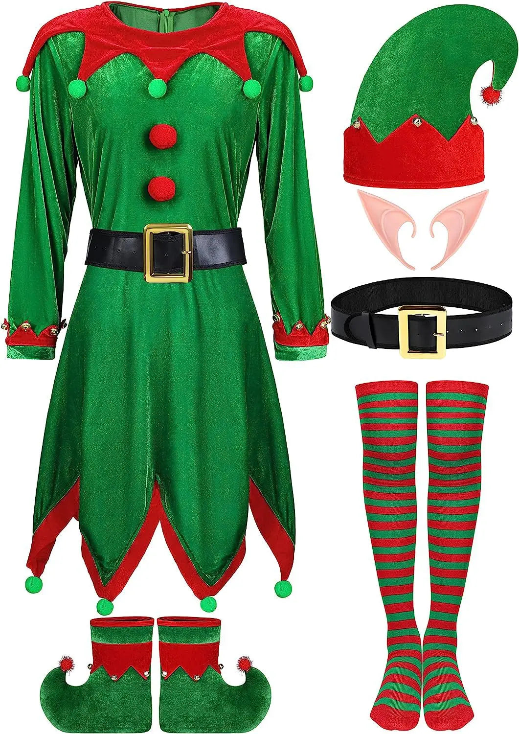 Women Girls Christmas Elf Costume Set Santa's Including Elf Hat Santa Dress Striped Stockings Shoes Belts