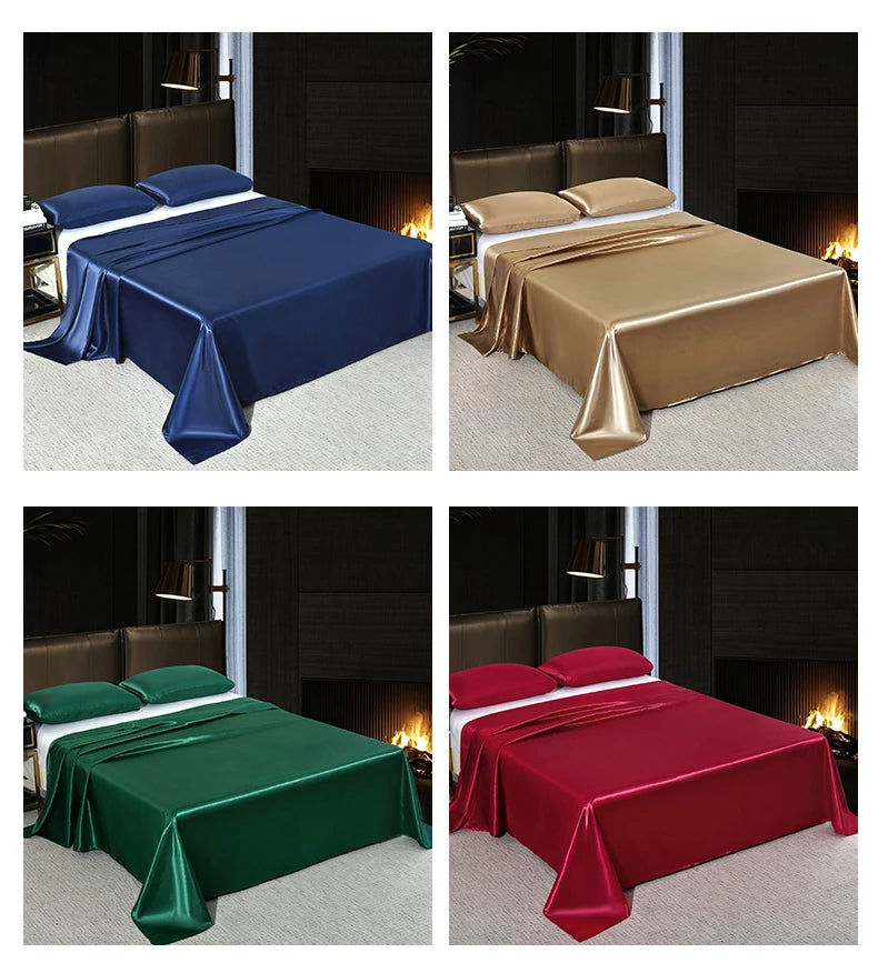 Luxury Satin Bedsheet Soft Comfortable Solid Color Flat Sheet Single Double Twin King Size Bedding Sheet