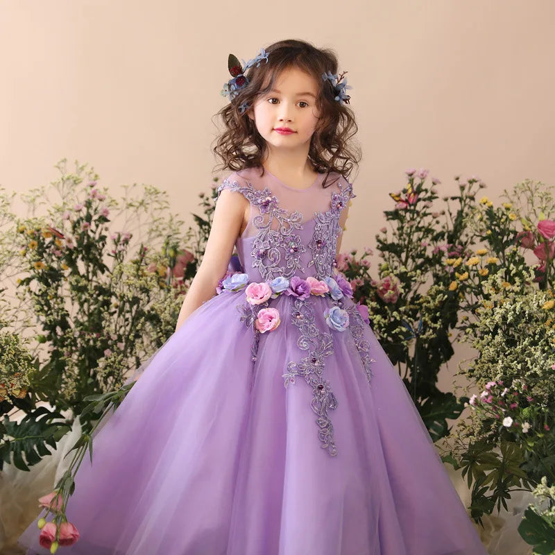 Girls Prom Elegant Dress Tulle robe de Princess Tutu Piano Costume Purple Birthday Party