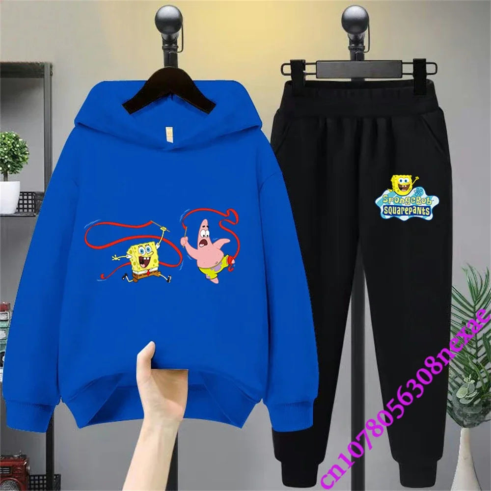 SpongeBob Spring And Autumn Children's Clothing Boys And Girls Sweater Suit 2 Pieces Cartoon Print Sweater Sportswear Trousers