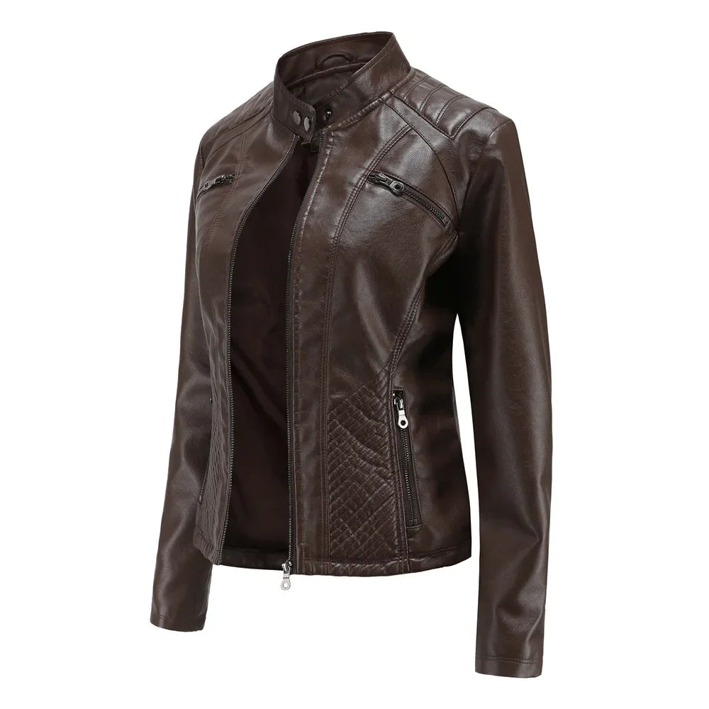 Women's Coat Fashion Trend Simple Analog Collar Zipper PU Leather Motorcycle Jacket for Women