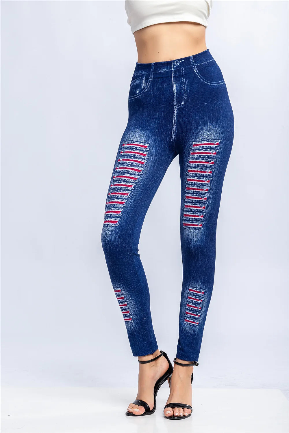 Fashion Stripe Printed Imitation Denim Leggings for Women's Elastic Slim Denim Trousers