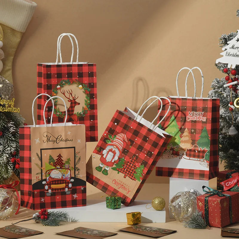 Christmas Kraft Paper Retro Grid Handheld Bag Santa Claus Gifts Box Party