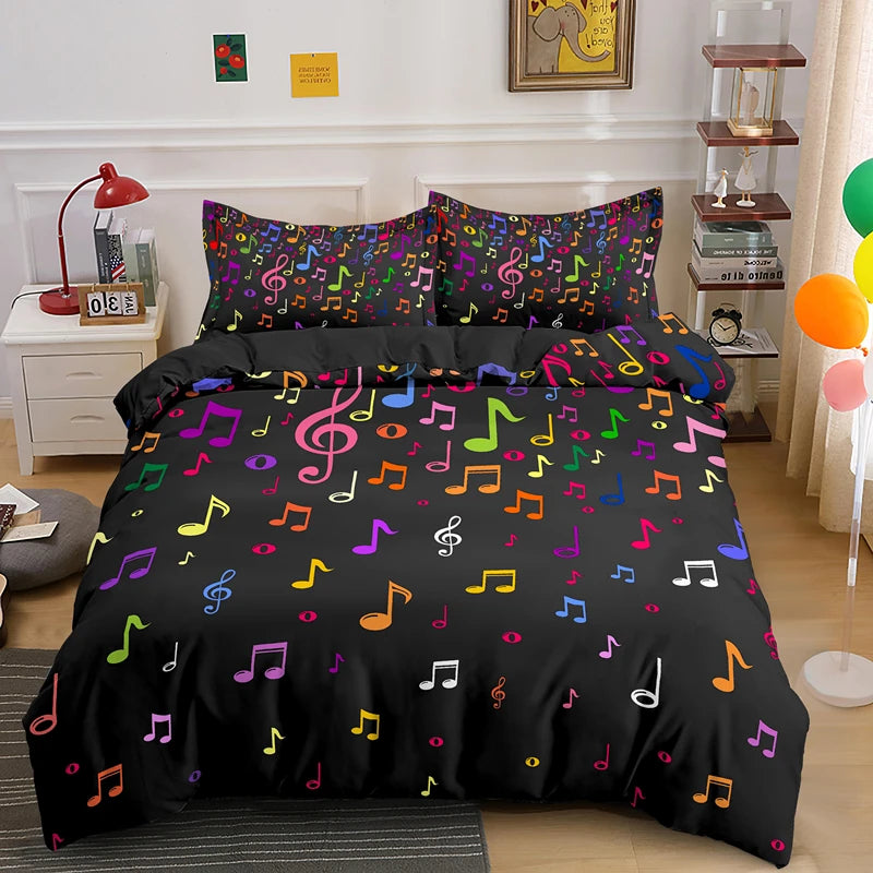 Beautiful Musical Note Bed Sheet Cover Set 3pcs Music Theme Quilt Cover King/Queen Size With Pillowcase Fashionable Psychedelic Soft Duvet Cover