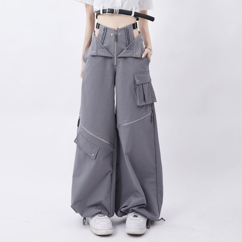 Grey Cargo pants female summer casual original retro multi zip pocket two wear design drawstring casual oversized trousers women