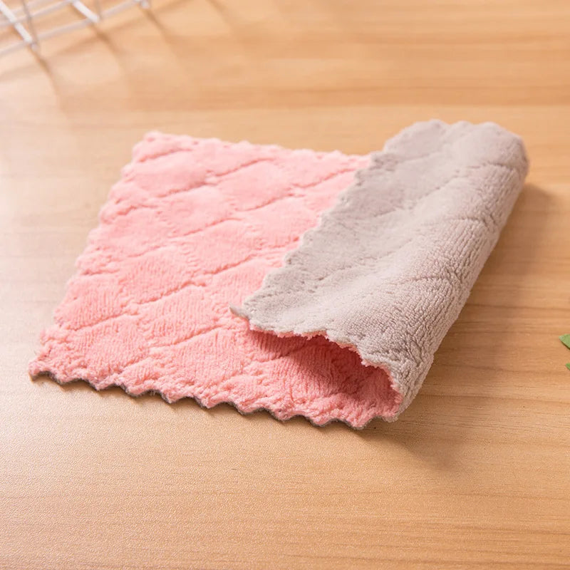 5/10pcs Kitchen Dishcloth Coral Velvet Towel Super Absorbent Wave Design Wipe Nonstick Oil Microfibre Thickened Rags Fast Drying