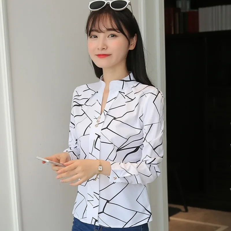 Women White Tops and Blouses Fashion Stripe Print Casual Long Sleeve Office Lady Work Shirts Female Slim Blouses