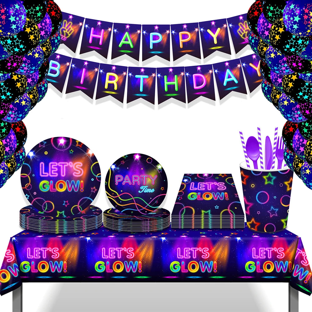 Glow Party Tablecloth Napkins Cups Plates Banner Neon Latex Balloons for Glow Birthday Party Disco Wedding Decoration Supplies