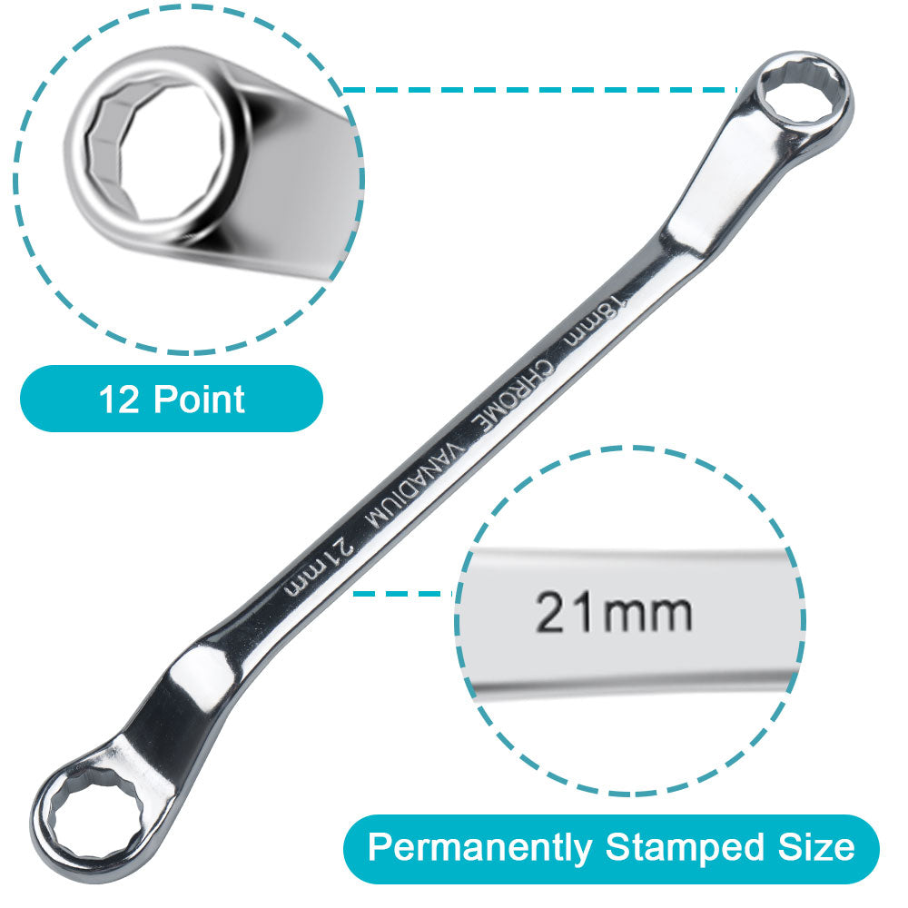 Offset Box End Wrench Set, Carbon Steel Metric 45-Degree,Long Double Ring Wrench Spanners with Rolling Pouch