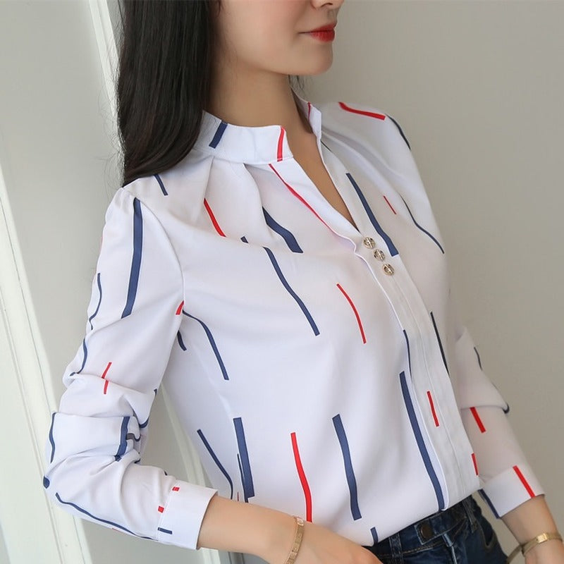 Women White Tops and Blouses Fashion Stripe Print Casual Long Sleeve Office Lady Work Shirts Female Slim Blouses